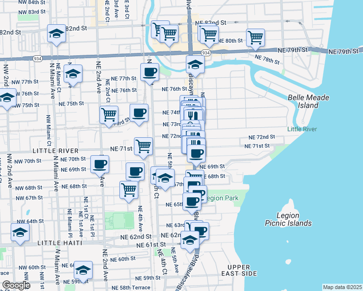 map of restaurants, bars, coffee shops, grocery stores, and more near 551 Northeast 71st Street in Miami