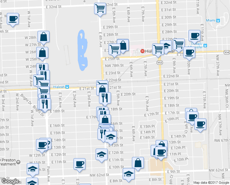 map of restaurants, bars, coffee shops, grocery stores, and more near 483 East 20th Street in Hialeah