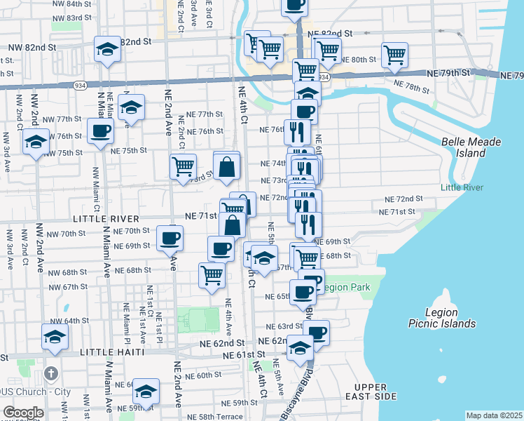 map of restaurants, bars, coffee shops, grocery stores, and more near 445 Northeast 71st Street in Miami