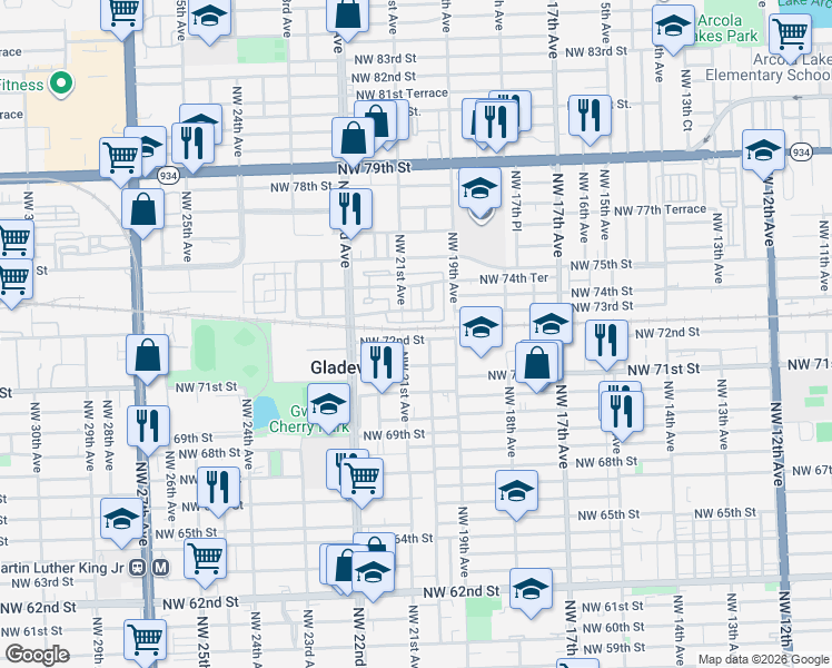 map of restaurants, bars, coffee shops, grocery stores, and more near 2015 Northwest 72nd Street in Miami
