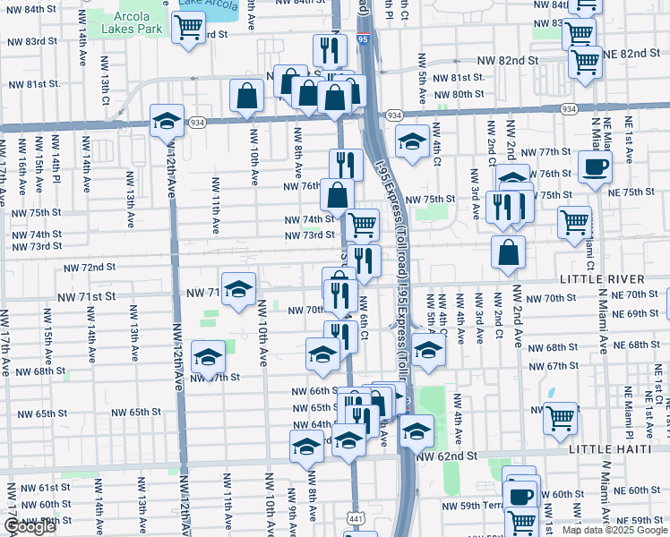 map of restaurants, bars, coffee shops, grocery stores, and more near 720 Northwest 72nd Street in Miami