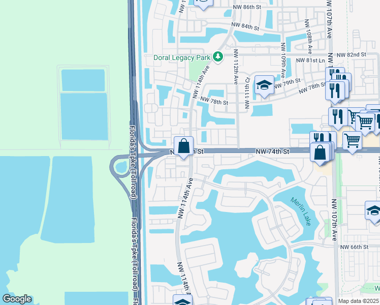 map of restaurants, bars, coffee shops, grocery stores, and more near 7733 Northwest 114th Avenue in Doral
