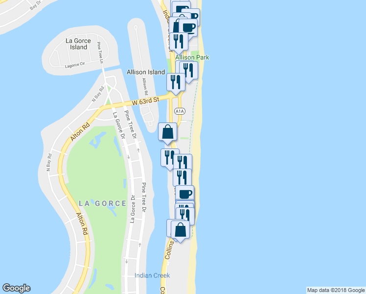 map of restaurants, bars, coffee shops, grocery stores, and more near 5845 Collins Avenue in Miami Beach