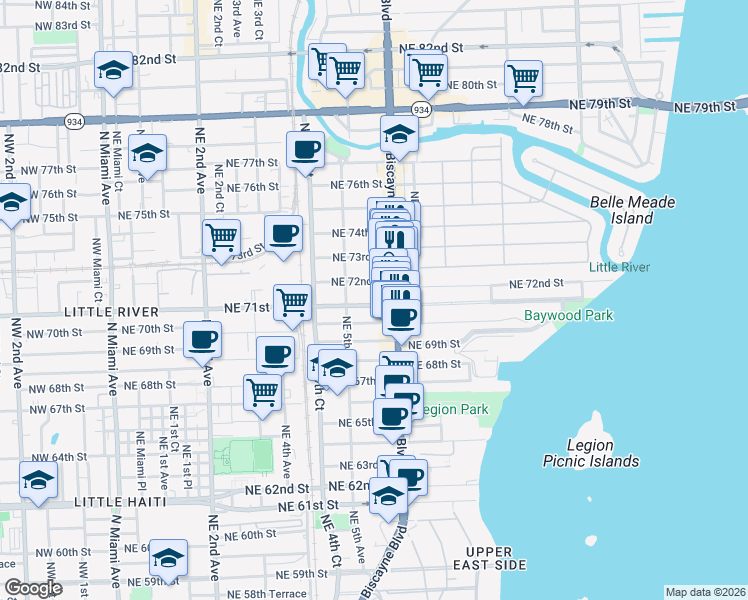 map of restaurants, bars, coffee shops, grocery stores, and more near 551 Northeast 71st Street in Miami