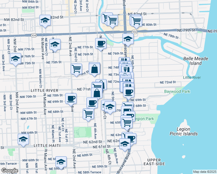 map of restaurants, bars, coffee shops, grocery stores, and more near 445 Northeast 71st Street in Miami