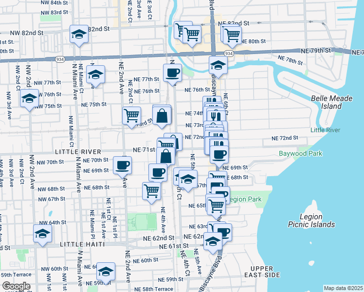 map of restaurants, bars, coffee shops, grocery stores, and more near 445 Northeast 71st Street in Miami
