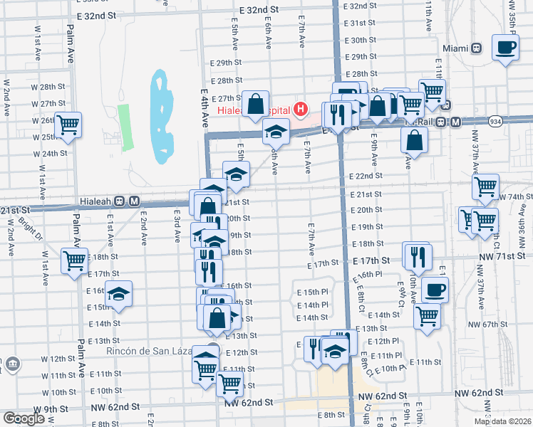 map of restaurants, bars, coffee shops, grocery stores, and more near 535 East 20th Street in Hialeah