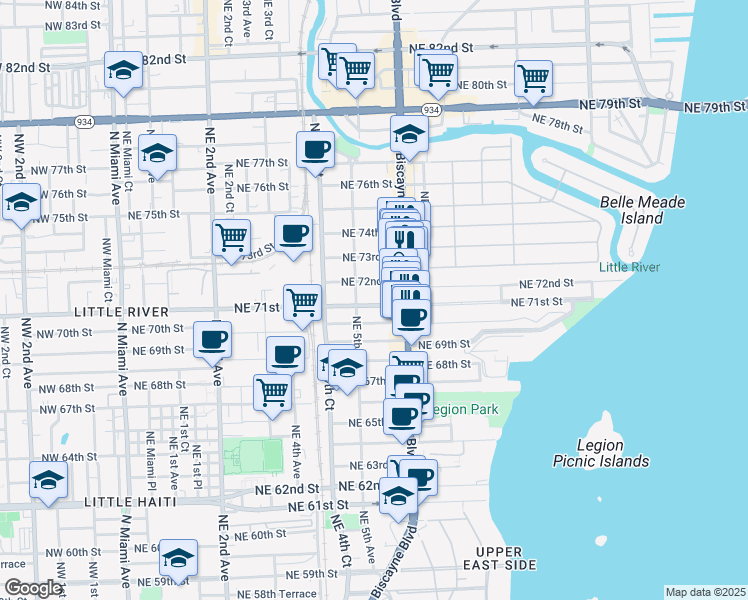 map of restaurants, bars, coffee shops, grocery stores, and more near 531 Northeast 71st Street in Miami
