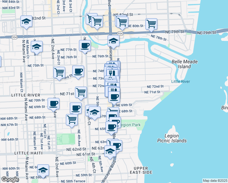 map of restaurants, bars, coffee shops, grocery stores, and more near 7101 Biscayne Boulevard in Miami