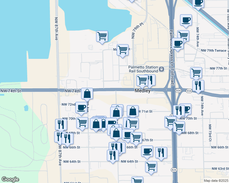 map of restaurants, bars, coffee shops, grocery stores, and more near 8130 Northwest 74th Street in Medley