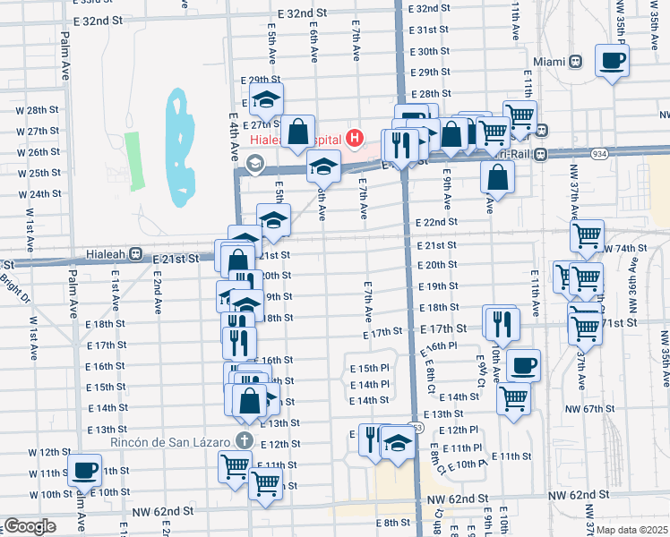 map of restaurants, bars, coffee shops, grocery stores, and more near 617 East 20th Street in Hialeah