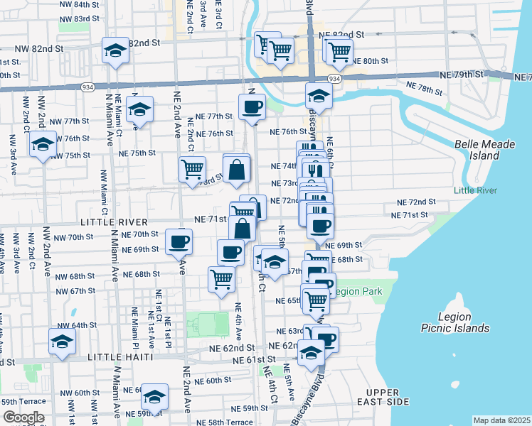 map of restaurants, bars, coffee shops, grocery stores, and more near 445 Northeast 71st Street in Miami