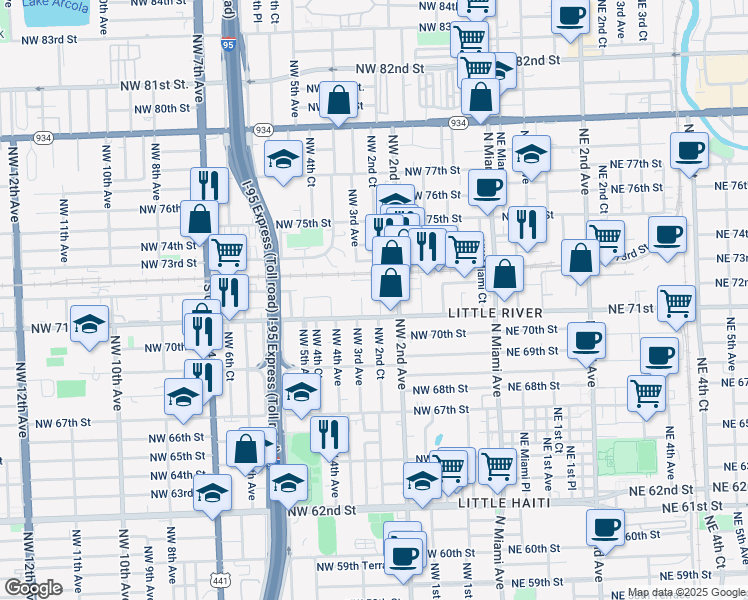 map of restaurants, bars, coffee shops, grocery stores, and more near 7122 Northwest 2nd Court in Miami