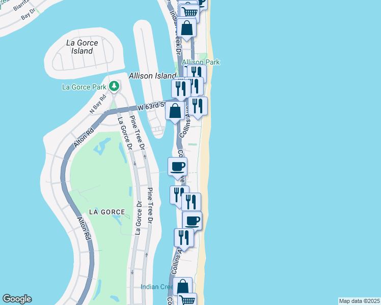 map of restaurants, bars, coffee shops, grocery stores, and more near 5845 Collins Avenue in Miami Beach