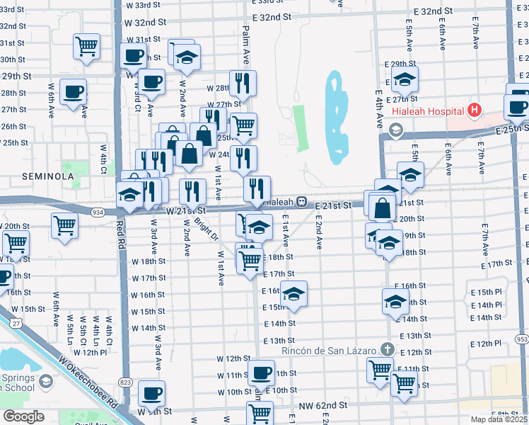 map of restaurants, bars, coffee shops, grocery stores, and more near 22 East 21st Street in Hialeah