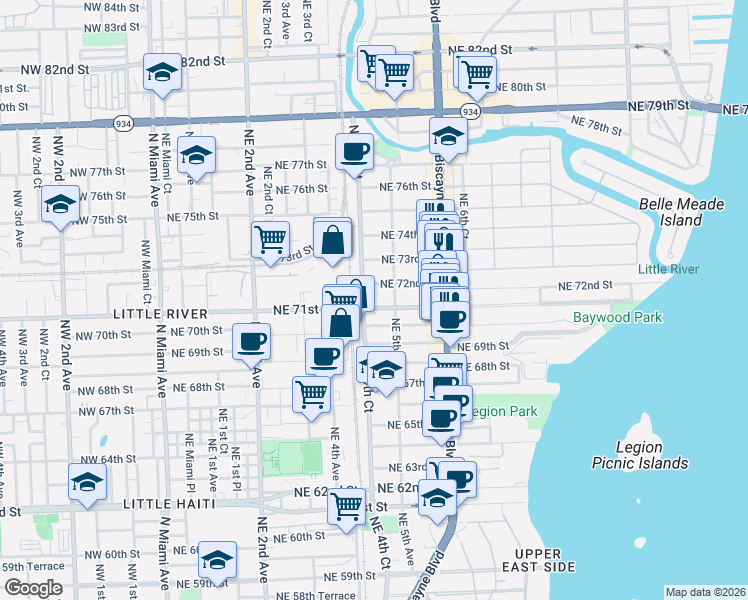 map of restaurants, bars, coffee shops, grocery stores, and more near 445 Northeast 71st Street in Miami