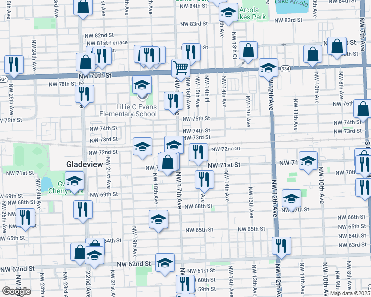 map of restaurants, bars, coffee shops, grocery stores, and more near 7210 Northwest 16th Avenue in Miami