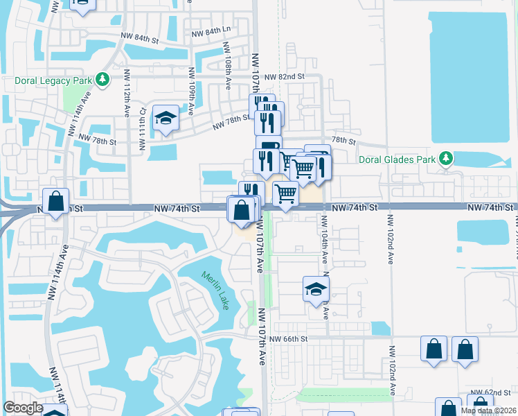 map of restaurants, bars, coffee shops, grocery stores, and more near NW 107th Ave & NW 74th St in Doral