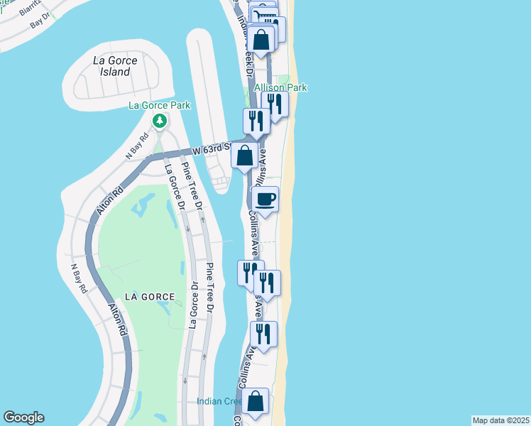 map of restaurants, bars, coffee shops, grocery stores, and more near 5845 Collins Avenue in Miami Beach