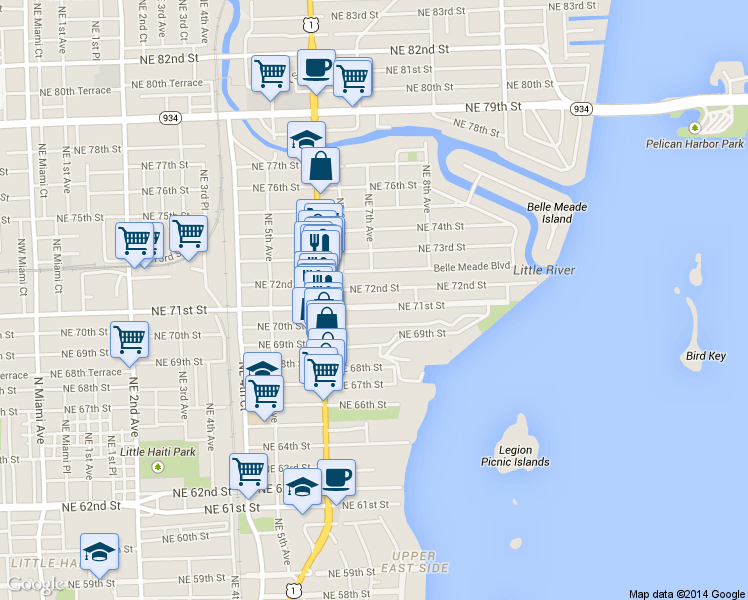 map of restaurants, bars, coffee shops, grocery stores, and more near 675 Northeast 71st Street in Miami