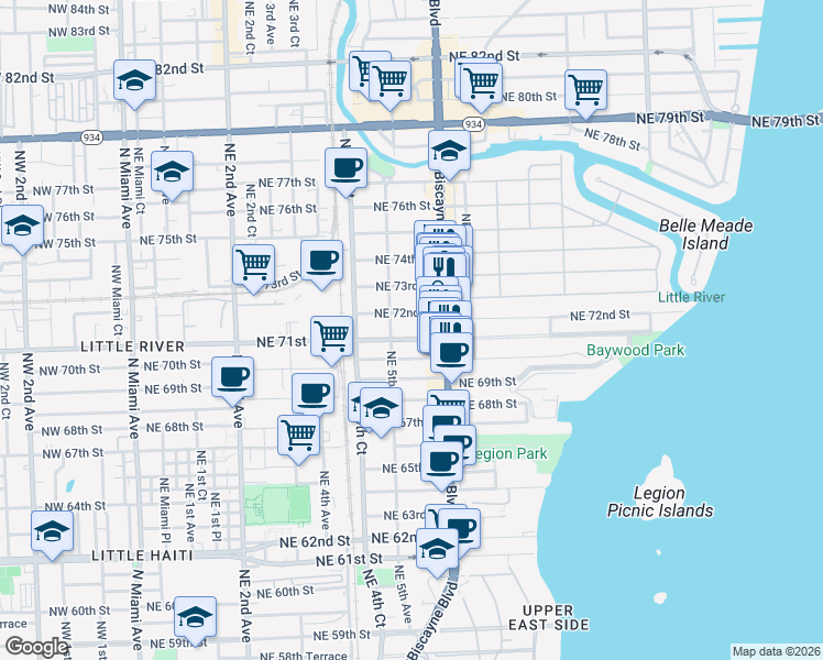 map of restaurants, bars, coffee shops, grocery stores, and more near 551 Northeast 71st Street in Miami