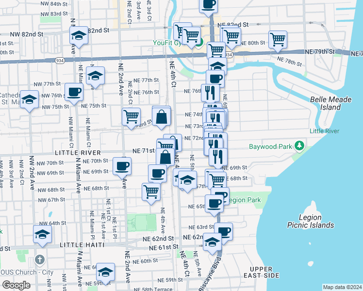map of restaurants, bars, coffee shops, grocery stores, and more near 445 Northeast 71st Street in Miami