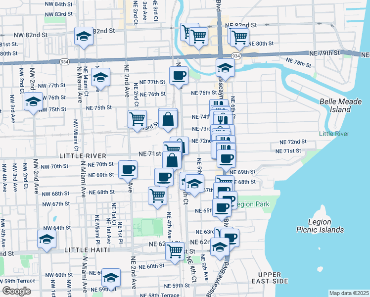 map of restaurants, bars, coffee shops, grocery stores, and more near 445 Northeast 71st Street in Miami
