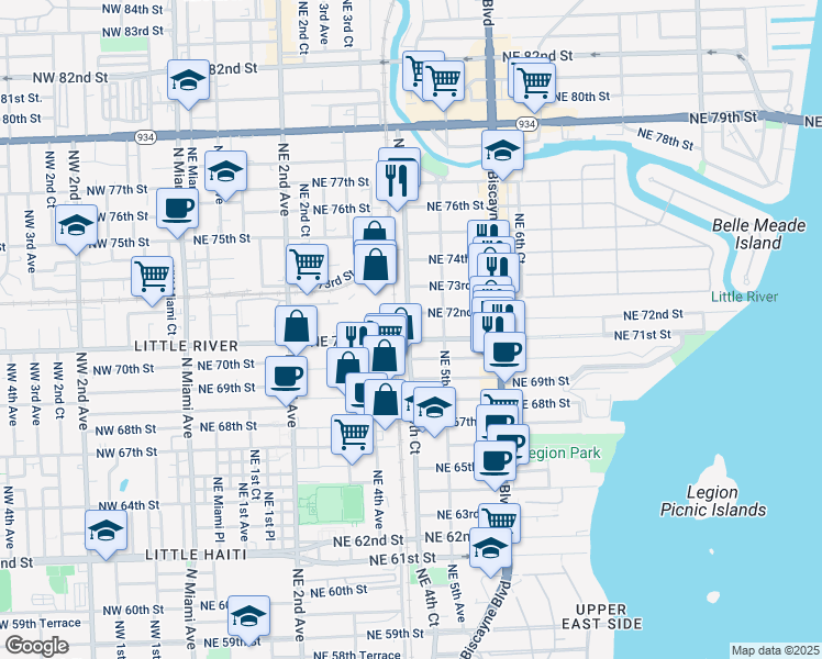 map of restaurants, bars, coffee shops, grocery stores, and more near 7100 Northeast 4th Court in Miami