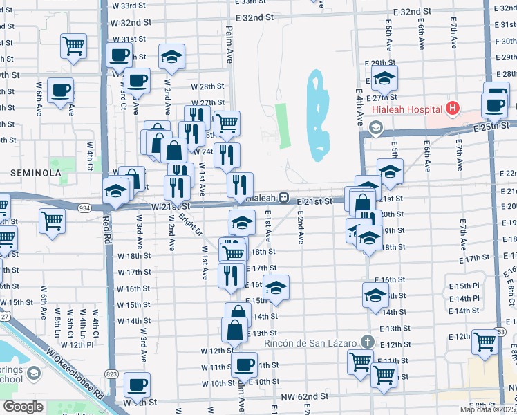 map of restaurants, bars, coffee shops, grocery stores, and more near 2020 East 1st Avenue in Hialeah