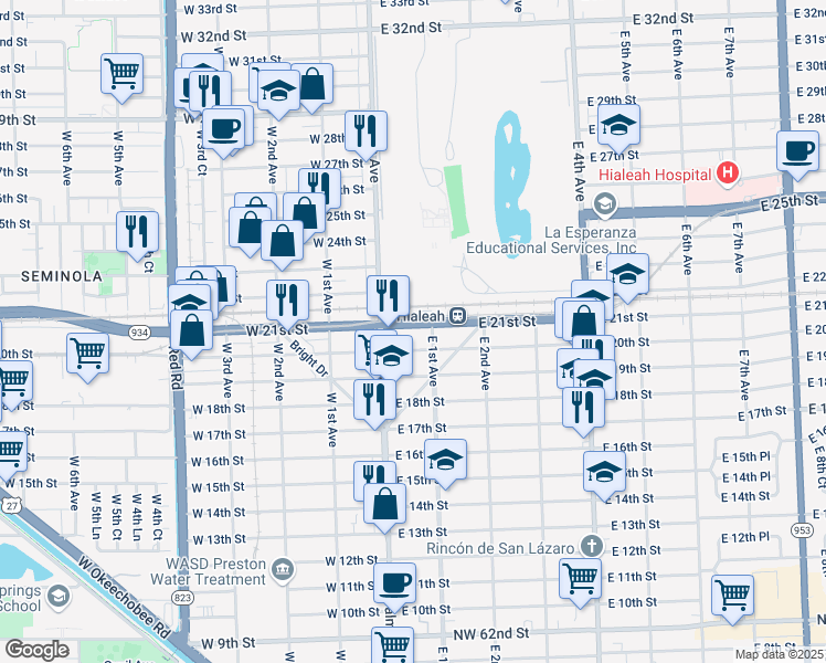 map of restaurants, bars, coffee shops, grocery stores, and more near 22 East 21st Street in Hialeah