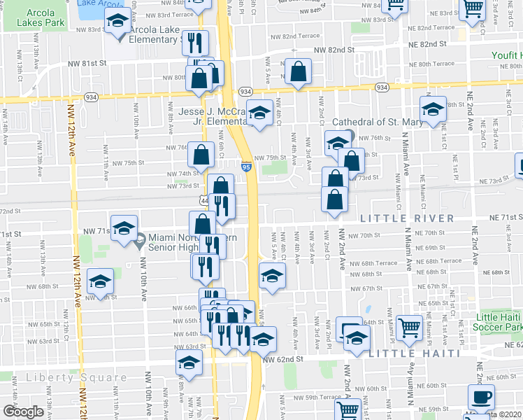 map of restaurants, bars, coffee shops, grocery stores, and more near 7142 Northwest 5th Court in Miami