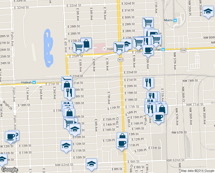 map of restaurants, bars, coffee shops, grocery stores, and more near 691 East 20th Street in Hialeah