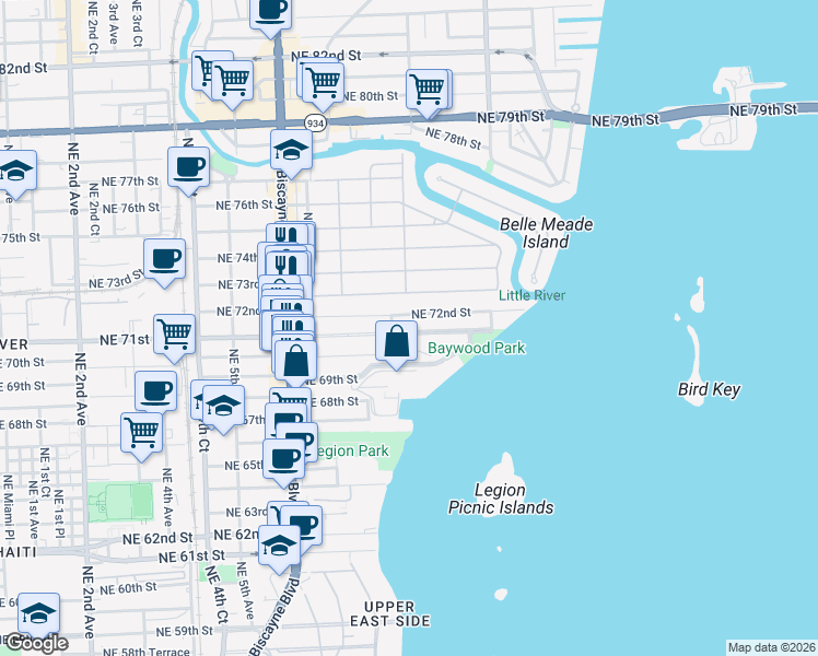 map of restaurants, bars, coffee shops, grocery stores, and more near 821 Northeast 71st Street in Miami
