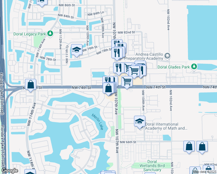 map of restaurants, bars, coffee shops, grocery stores, and more near 10704 Northwest 74th Street in Doral
