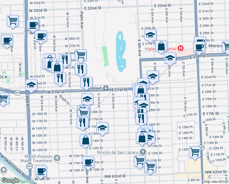 map of restaurants, bars, coffee shops, grocery stores, and more near 202 East 21st Street in Hialeah