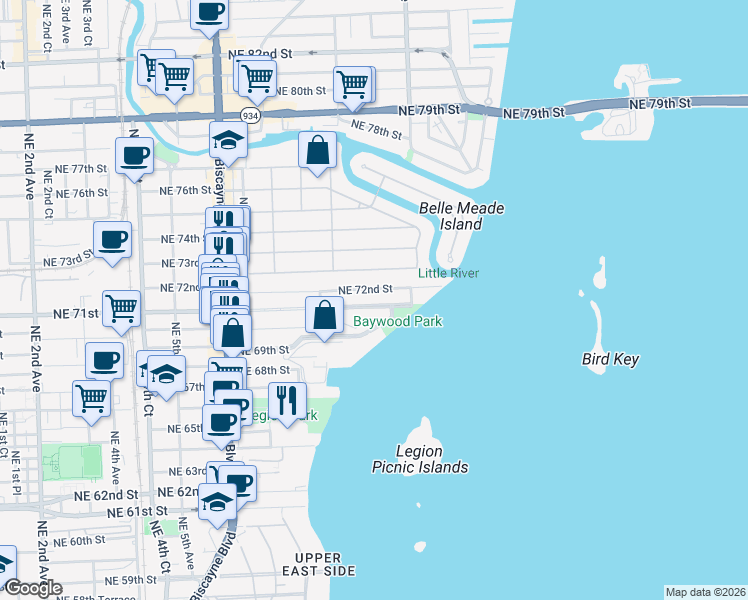 map of restaurants, bars, coffee shops, grocery stores, and more near 912 Northeast 71st Street in Miami