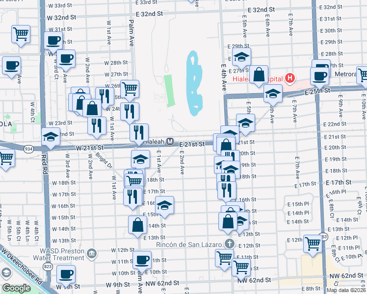 map of restaurants, bars, coffee shops, grocery stores, and more near 102 East 21st Street in Hialeah
