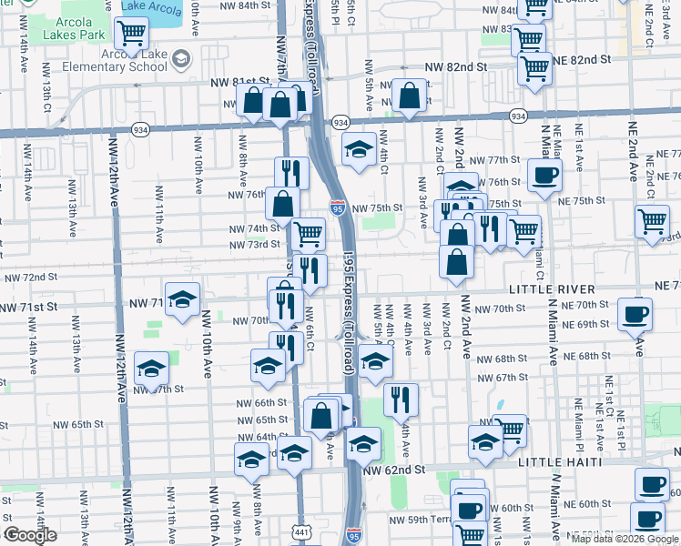 map of restaurants, bars, coffee shops, grocery stores, and more near 7160 Northwest 5th Place in Miami