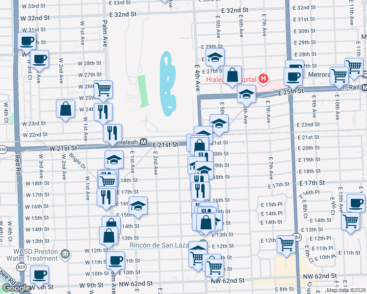 map of restaurants, bars, coffee shops, grocery stores, and more near 331 East 20th Street in Hialeah