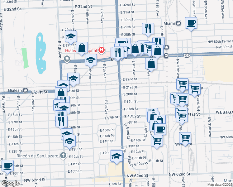 map of restaurants, bars, coffee shops, grocery stores, and more near 777 East 20th Street in Hialeah