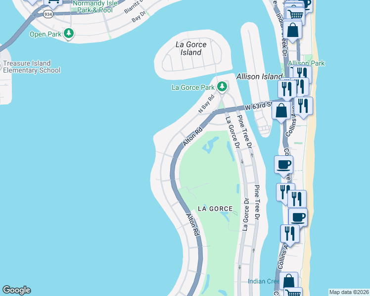 map of restaurants, bars, coffee shops, grocery stores, and more near 5951 Alton Road in Miami Beach