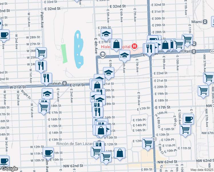 map of restaurants, bars, coffee shops, grocery stores, and more near 483 East 20th Street in Hialeah