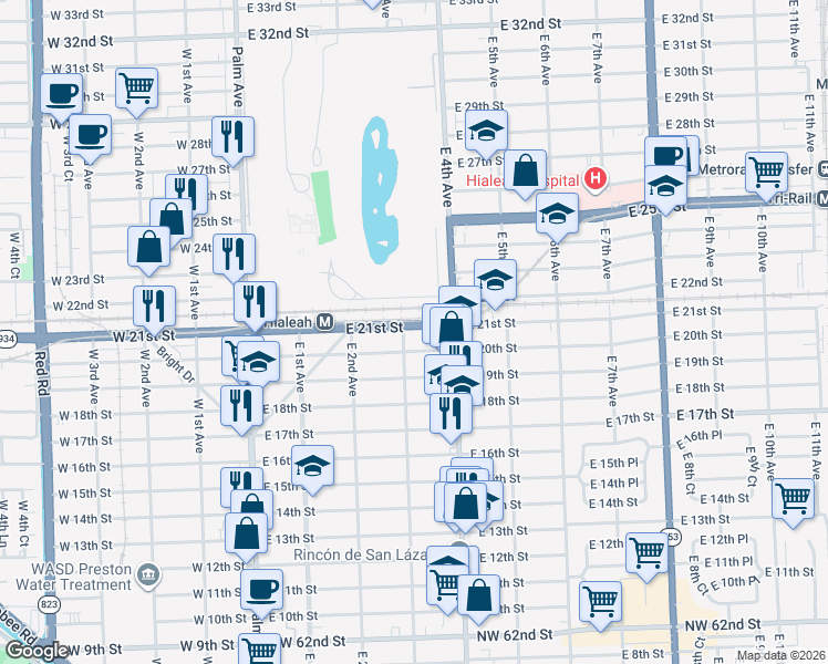 map of restaurants, bars, coffee shops, grocery stores, and more near 331 East 20th Street in Hialeah