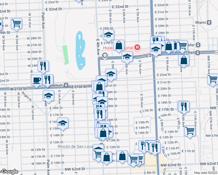 map of restaurants, bars, coffee shops, grocery stores, and more near 483 East 20th Street in Hialeah