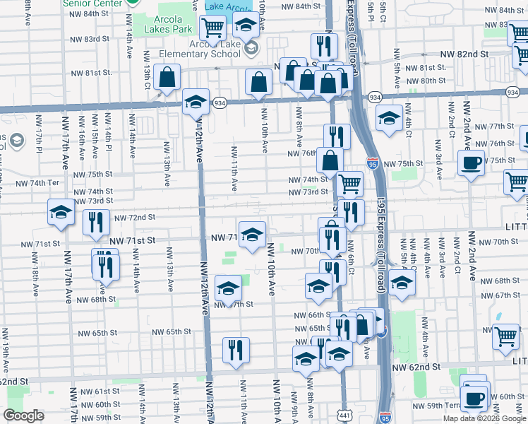 map of restaurants, bars, coffee shops, grocery stores, and more near 1010 Northwest 72nd Street in Miami
