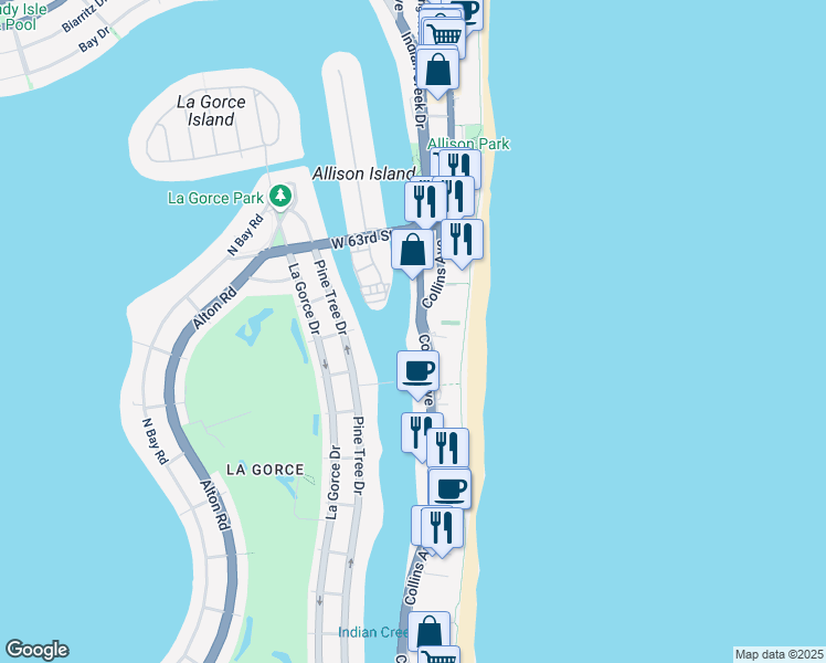 map of restaurants, bars, coffee shops, grocery stores, and more near 5880 Collins Avenue in Miami Beach