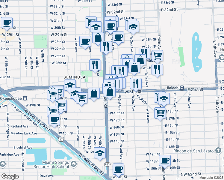 map of restaurants, bars, coffee shops, grocery stores, and more near 356 West 21st Street in Hialeah