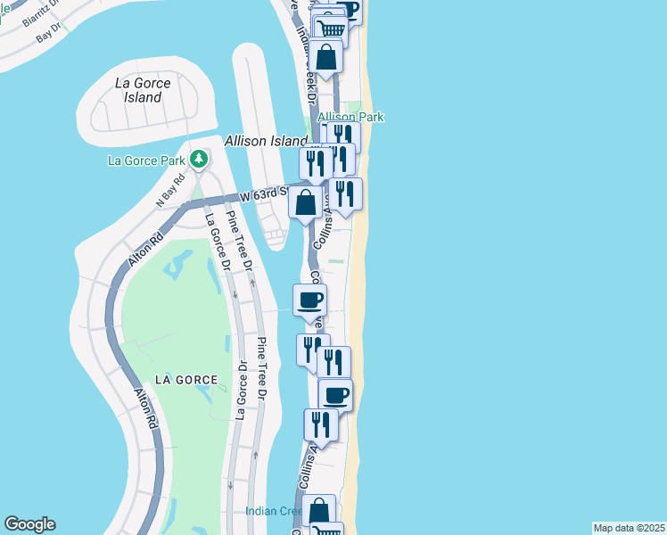 map of restaurants, bars, coffee shops, grocery stores, and more near 5845 Collins Avenue in Miami Beach