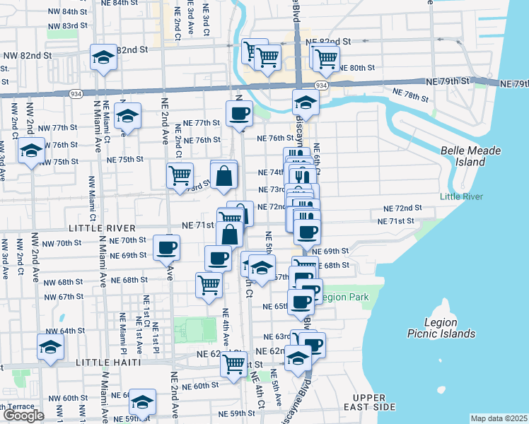 map of restaurants, bars, coffee shops, grocery stores, and more near 445 Northeast 71st Street in Miami
