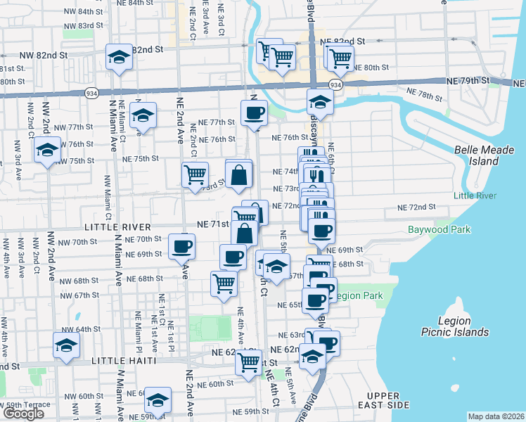 map of restaurants, bars, coffee shops, grocery stores, and more near 445 Northeast 71st Street in Miami